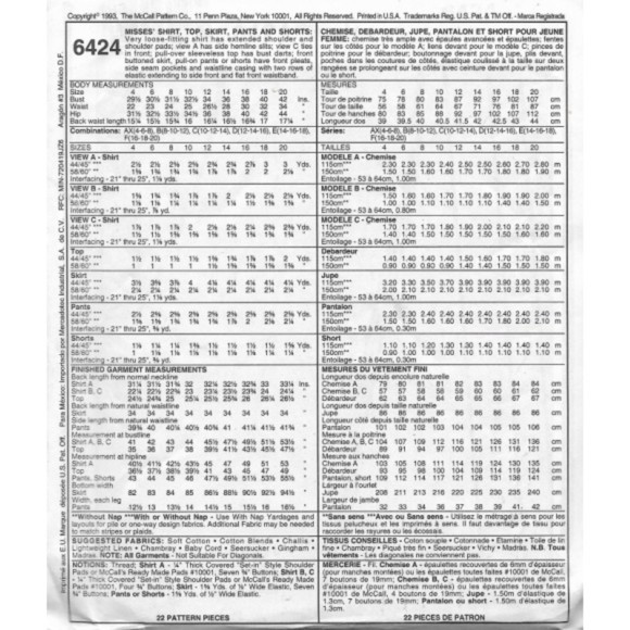 Vintage ©1993 Sew News 6424 Sewing Pattern - Shirt, Top, Skirt, Pants, Shorts - Picture 2 of 2